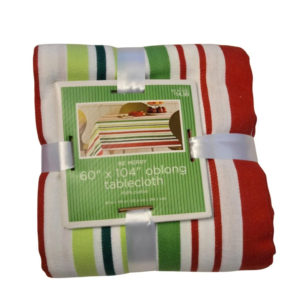 2 Christmas Stripe‎ Oblong Tablecloth Bundle 60x84 & 60x104 NWT